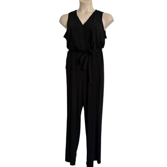 NY Collection Petite XL Sleeveless Black Jumpsuit Tie Waist Stretchy Pockets NWT - Picture 10 of 11